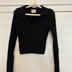Ribbed long-sleeve crop polo sweater